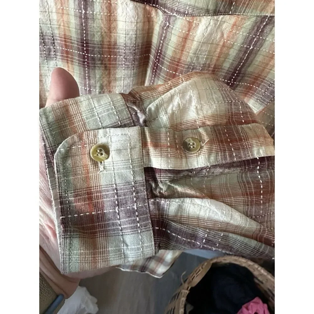Roper Mens XL Plaid Band Collar Western Shirt Brown Tan Long‎ Sleeve Cotton